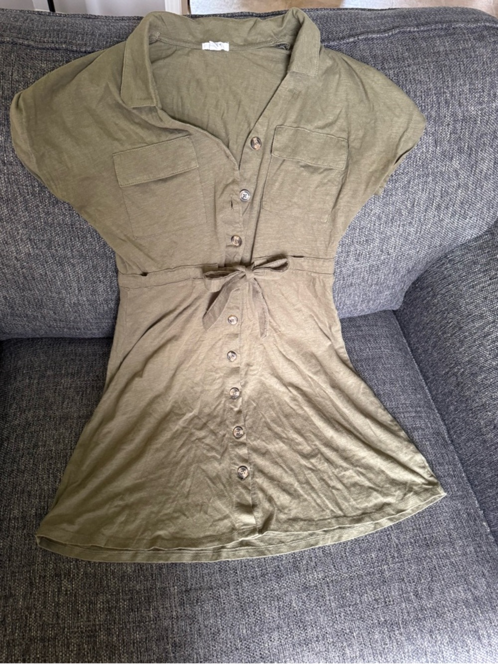 Ardene Olive Green Button-Front Tie-Waist Mini Dress